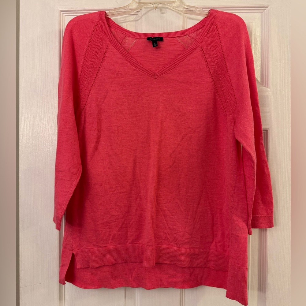 Talbots Woman’s Size Large Pink Lightweight 3/4 Sleeve V-neck Sweater